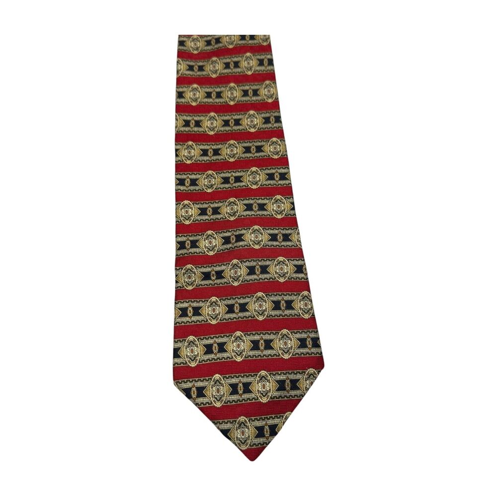Roundtree & Yorke Mens Necktie 100% Silk Red Medallion Striped Formal 30" Length - Picture 1 of 7